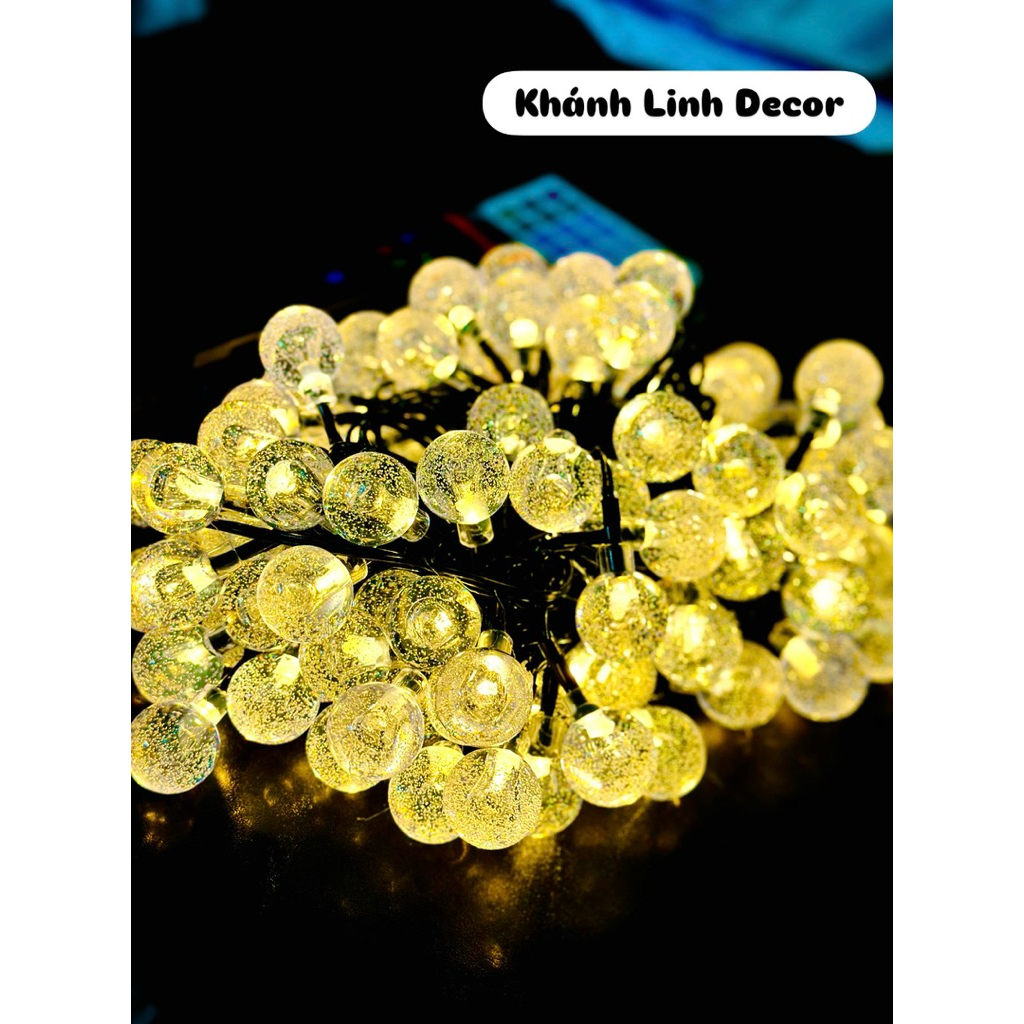 Đèn bi bọt 12m 100 bóng Vàng Nắng Năng lượng mặt trời-Bảng Pin Lớn-Có điều khiển từ xa- cáp sạc dự phòng