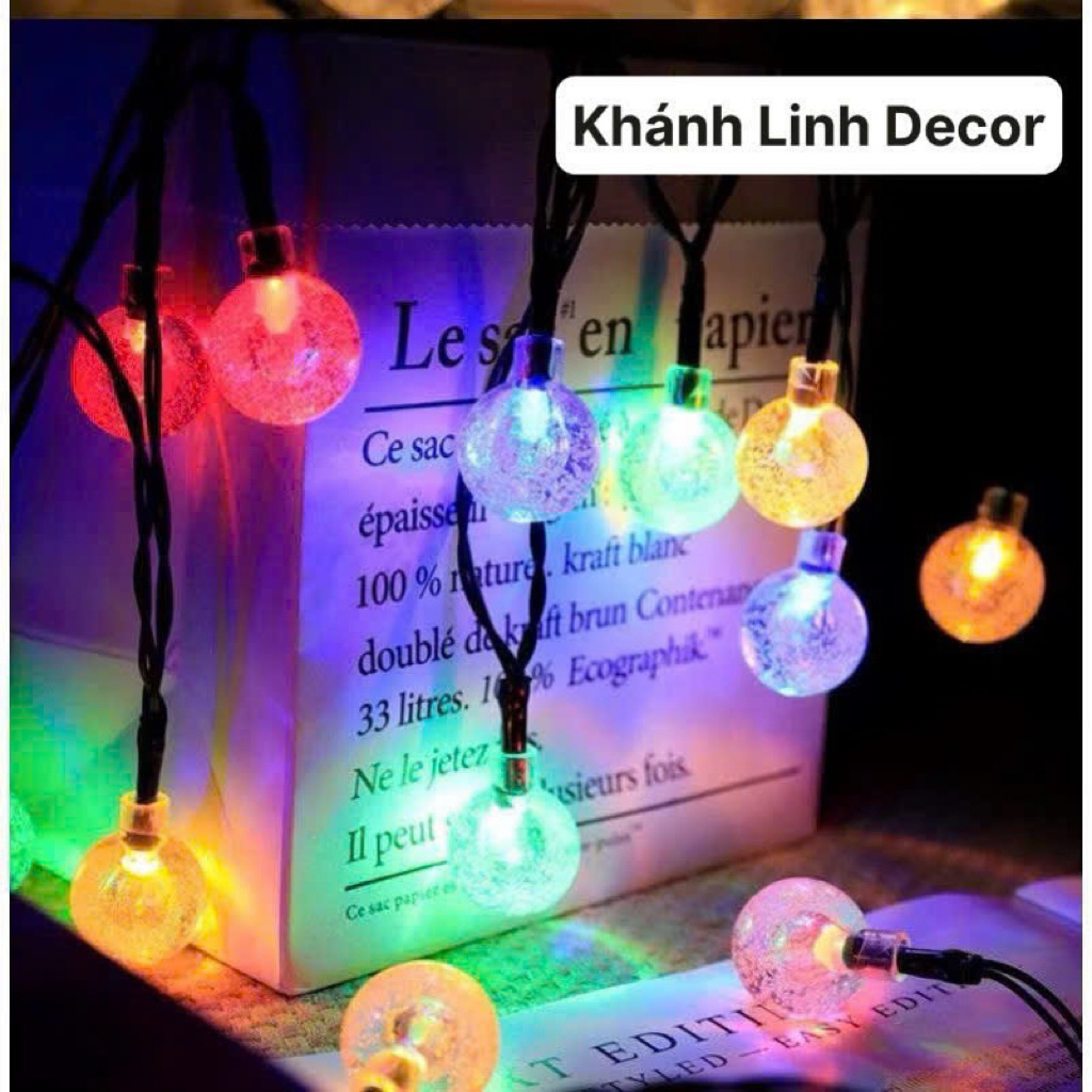 Đèn Bi Bọt 12m 100 bóng 7 màu năng lương mặt trời-Bảng pin Lớn-có điều khiển từ xa-có cáp sạc điện dự phòng