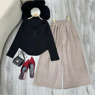 Set Áo Quần Bigsize Nữ Áo Thun Ôm Tay Dài Kèm Quần Ống Rộng Chất Đũi Vân Mây Mùa Thu Đông A330+Q564