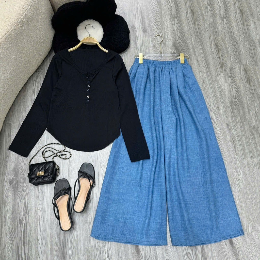 Set Bigsize Nữ Áo Tay Dài Cổ Nút Phối Quần Suông Thoải Mái Che Khuyết Điểm A330+Q564