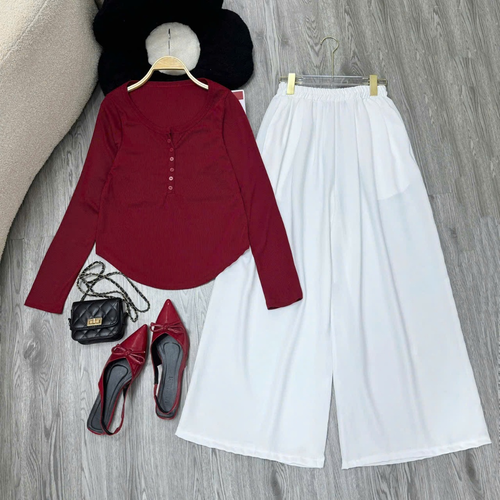 Set Bigsize Nữ Áo Tay Dài Cổ Nút Phối Quần Suông Thoải Mái Che Khuyết Điểm A330+Q564