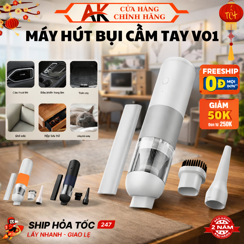 Máy Hút Bụi Cầm Tay Không Dây V01 Lục Hút 4000Pa, Sạc Type-C, Hút Bụi Nhà Và Xe Hơi