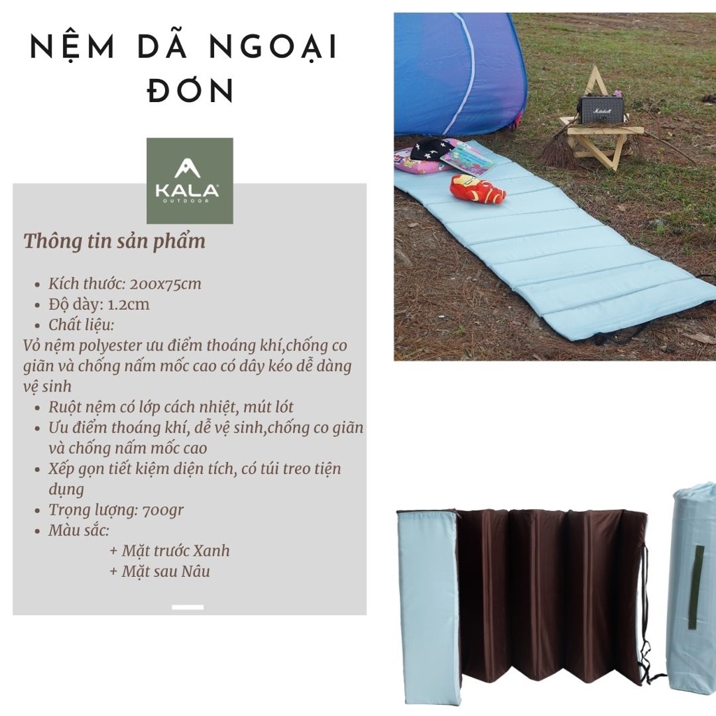 Nệm thảm dã ngoại Kala đơn có túi treo mút cách nhiệt
