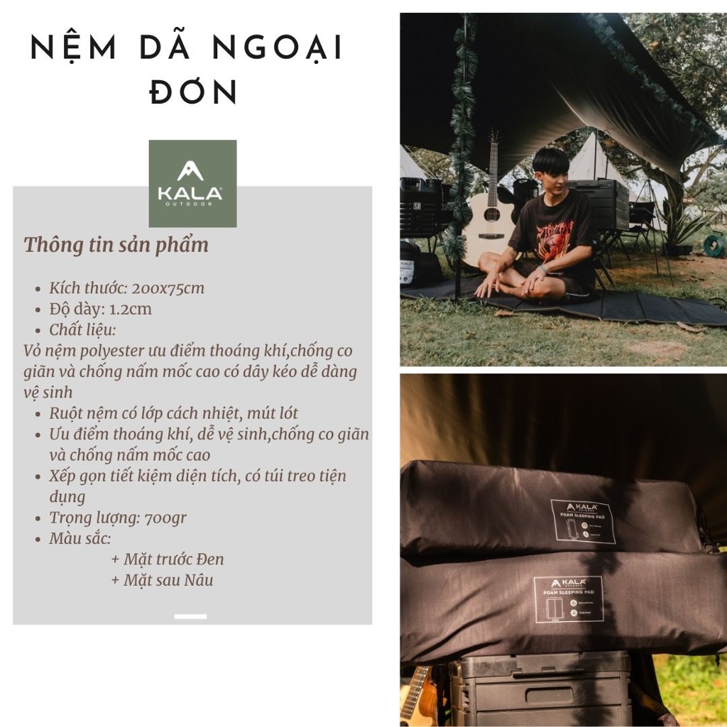 Nệm thảm dã ngoại Kala đơn có túi treo mút cách nhiệt
