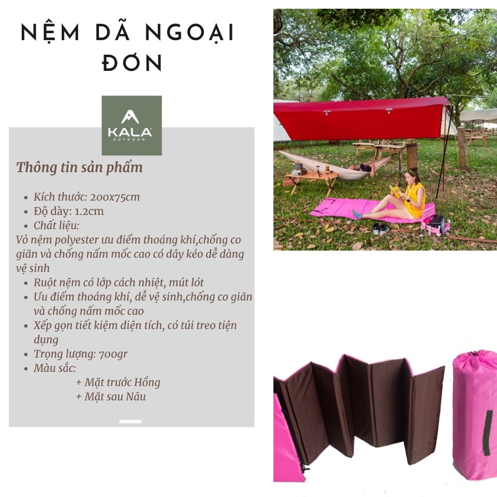 Nệm thảm dã ngoại Kala đơn có túi treo mút cách nhiệt