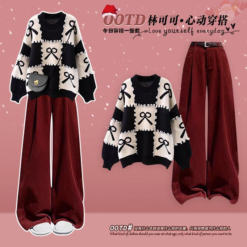 [YU]Set Đồ Nữ Phong Cách Thu Đông Noel Mới Nhất Phối Áo Len Dệt Kim Màu Đỏ, Với Quần Eo Cao Tôn Dáng