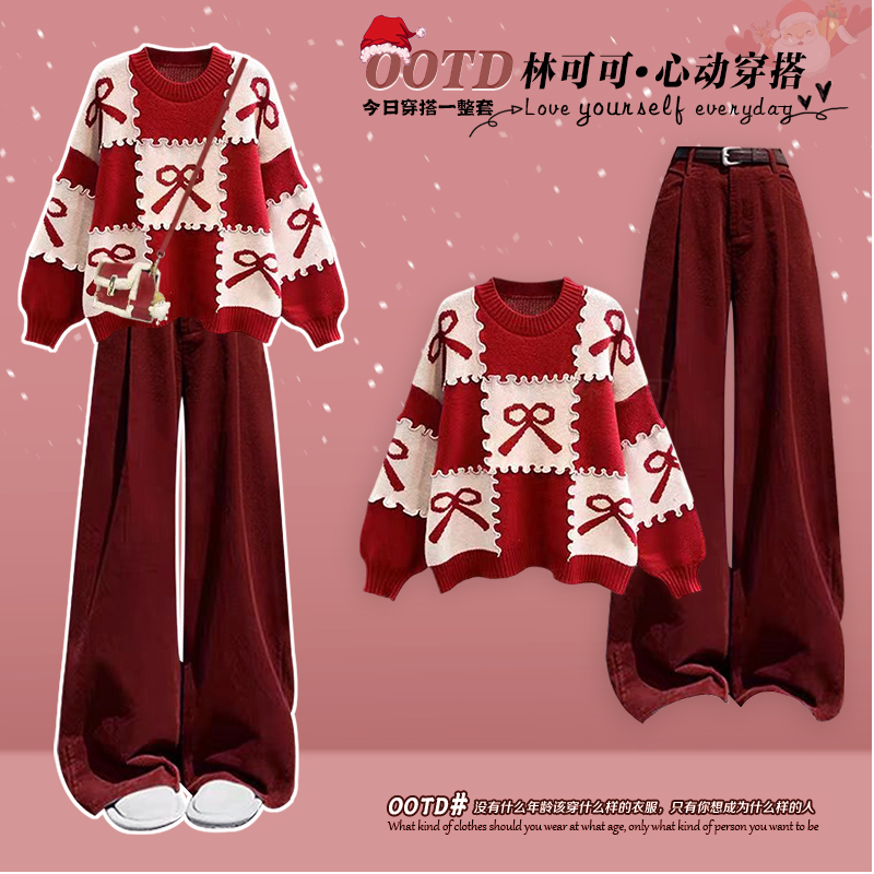 [YU]Set Đồ Nữ Phong Cách Thu Đông Noel Mới Nhất Phối Áo Len Dệt Kim Màu Đỏ, Với Quần Eo Cao Tôn Dáng
