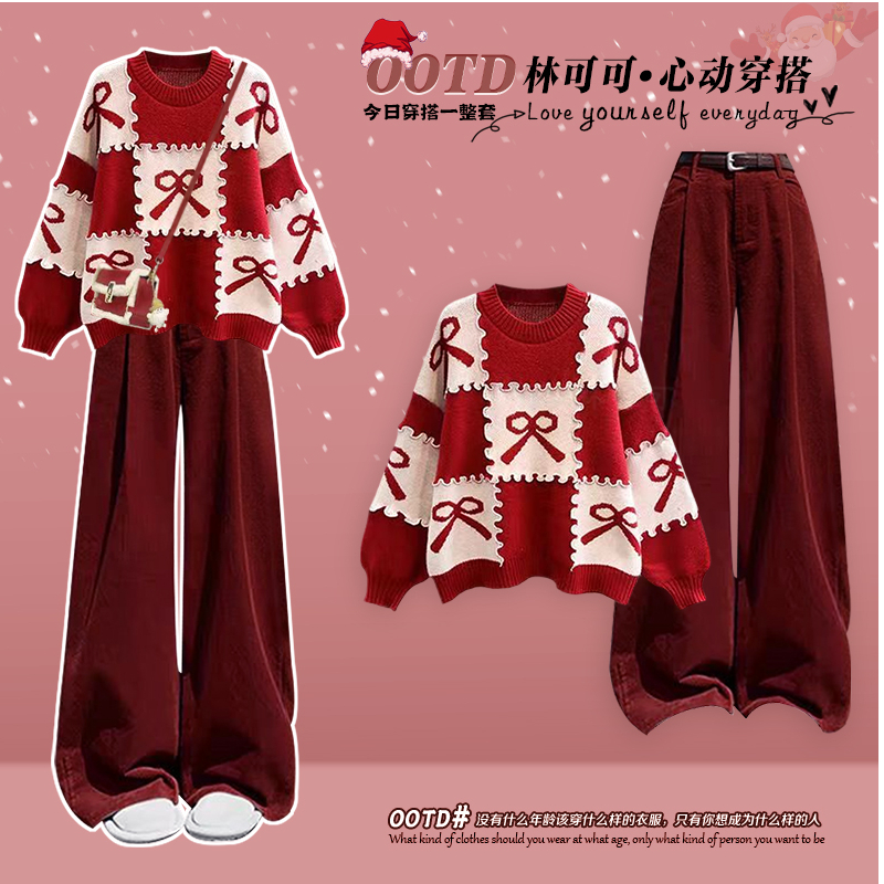 [YU]Set Đồ Nữ Phong Cách Thu Đông Noel Mới Nhất Phối Áo Len Dệt Kim Màu Đỏ, Với Quần Eo Cao Tôn Dáng