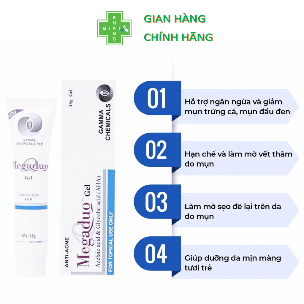 Gel bôi hỗ trợ giảm mụn trứng cá, cải thiện mụn sưng viêm, giảm thâm và dưỡng da Megaduo (Chai 15g)