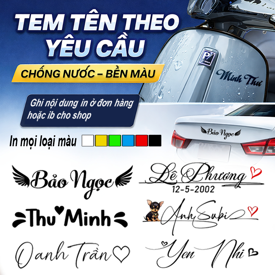 Tem in tên theo yêu cầu, tem chữ ký dán xe máy, dán ô tô, mũ bảo hiểm Decal chống nước bền màu
