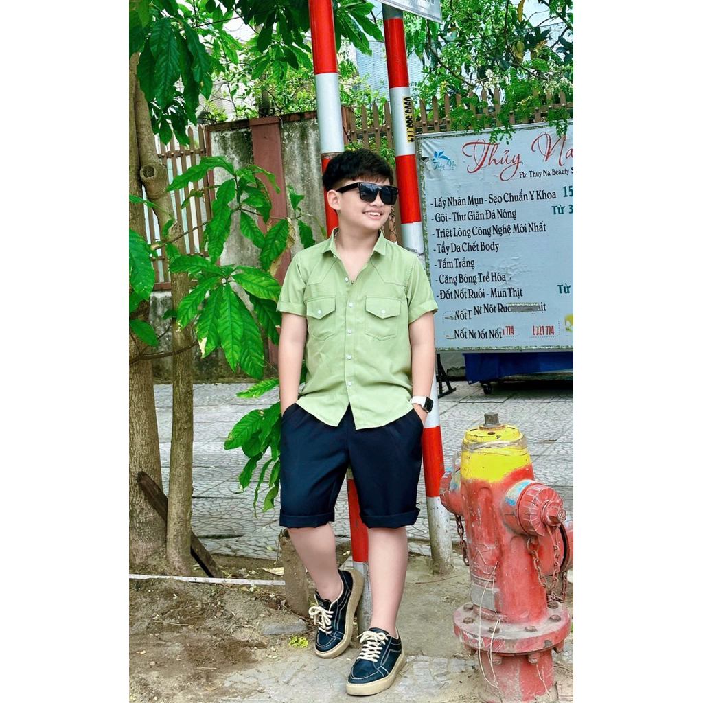 set sơmi xanh phối cho bé trai 10-52kg tonibrand