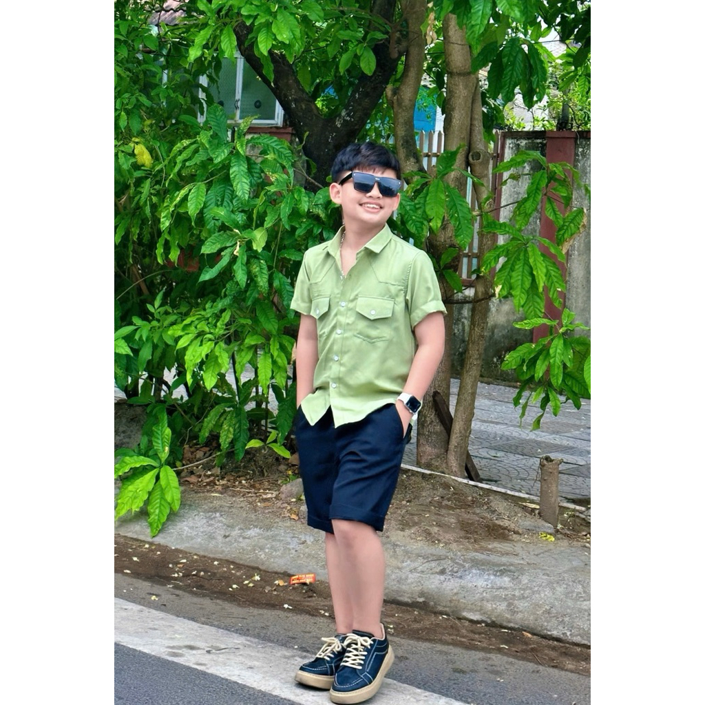 set sơmi xanh phối cho bé trai 10-52kg tonibrand