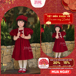 Váy Bé Gái Nhung Bling Bling Tay Lồng Đèn C6125 | Đầm Tiểu Thư Đính Nơ Handmade Phối Ren, Dự Tiệc Noel Tết