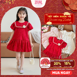 Đầm Bé Gái Tết Gấm Taffta Hoa Xuân 3D AZD609 – Đầm Công Chúa Nhí 2 Lớp, Hoa Cài Tháo Rời