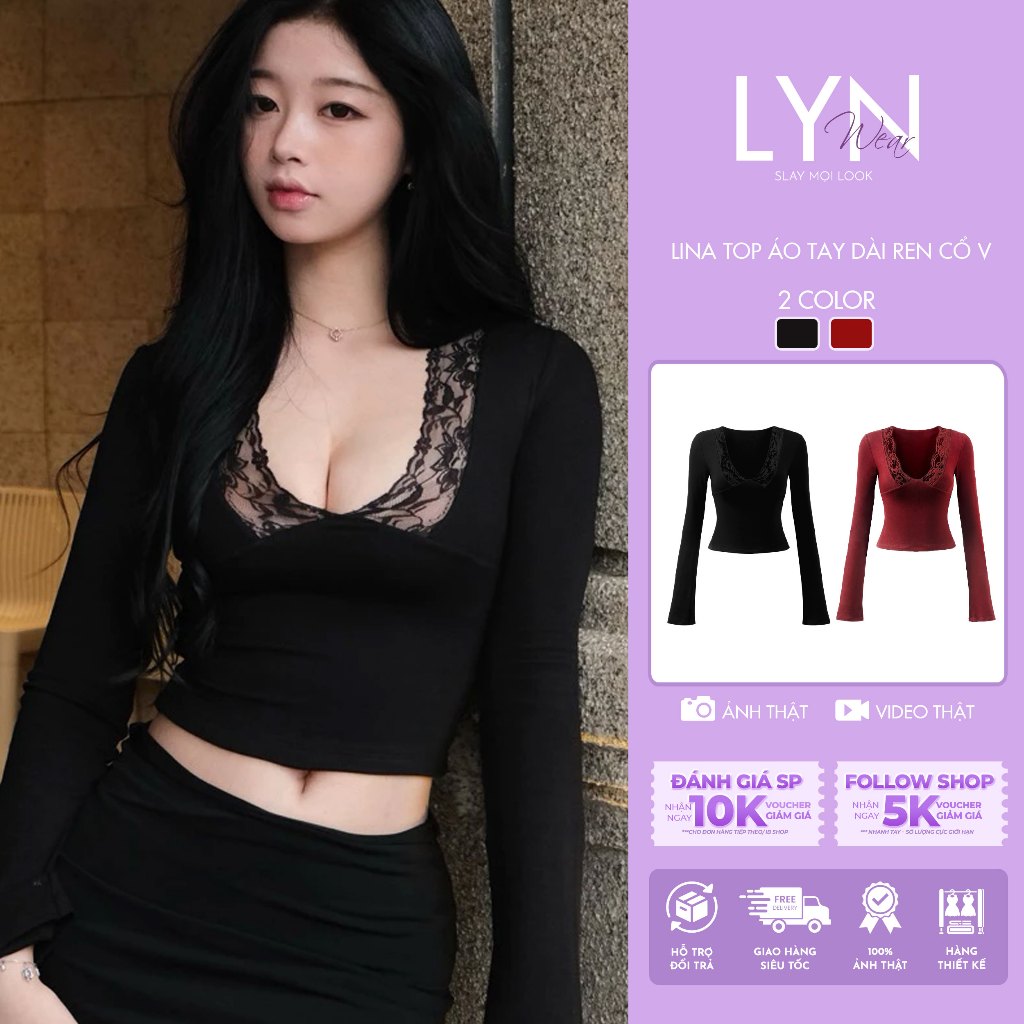 | LYN WEAR | (HOẢ TỐC) LINA TOP Áo Tay Dài Ren Cổ V gợi cảm 2 lớp dày dặn Tôn Dáng, Mặc Đi Chơi, Tiệc, Holiday
