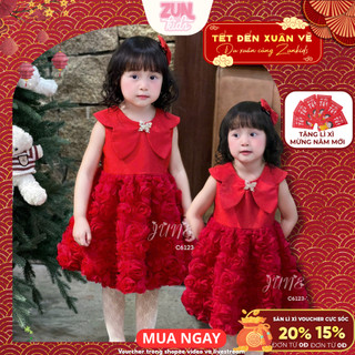 Váy Bé Gái Ren Hoa Hồng 3D C6123 | Váy Công Chúa Tầng Bí Bồng Bềnh, Phối Tafta Nhũ Cao Cấp