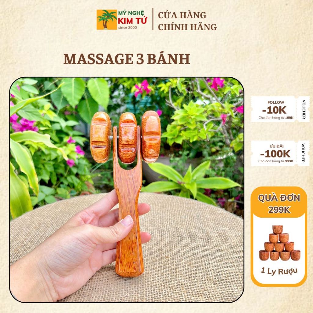Massage Cầm Tay 3 Bánh Gỗ Dừa, Cây Lăn Massage Mặt/ Cổ/ Vai/ Gáy/ Lưng, Dụng Cụ Mát Xa Cao Cấp Chất Lượng Từ Bến Tre