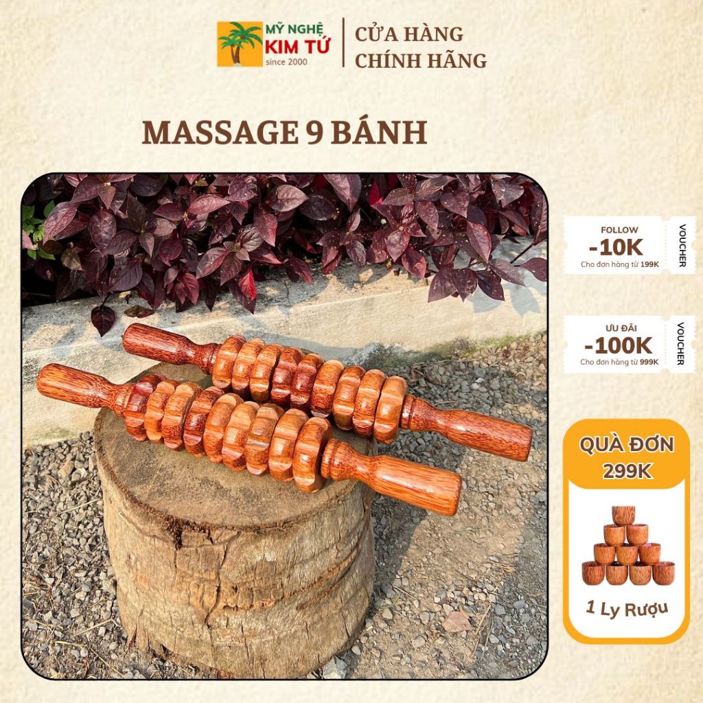 Cây Lăn Massage 9 Bánh Toàn Thân Gỗ Dừa Lăn Gọn Nhẹ & Dễ Dùng, Giúp Giảm Đau Mỏi Cơ Toàn Thân, Thư Giãn Tại Nhà - KIM TỨ