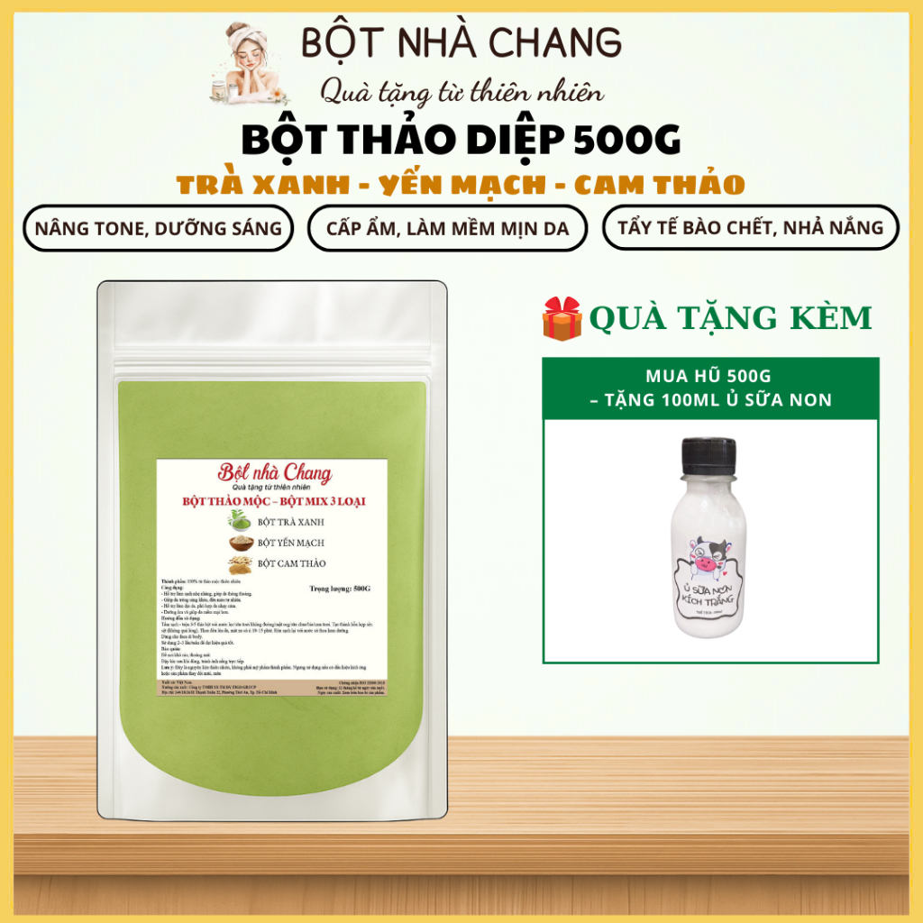 Bột Thảo Diệp: Trà xanh, yến mạch, Cam thảo - Làm sáng da, mờ thâm + Tặng 10g niacinamide -BỘT Ủ TRẮNG DA HANDMADE