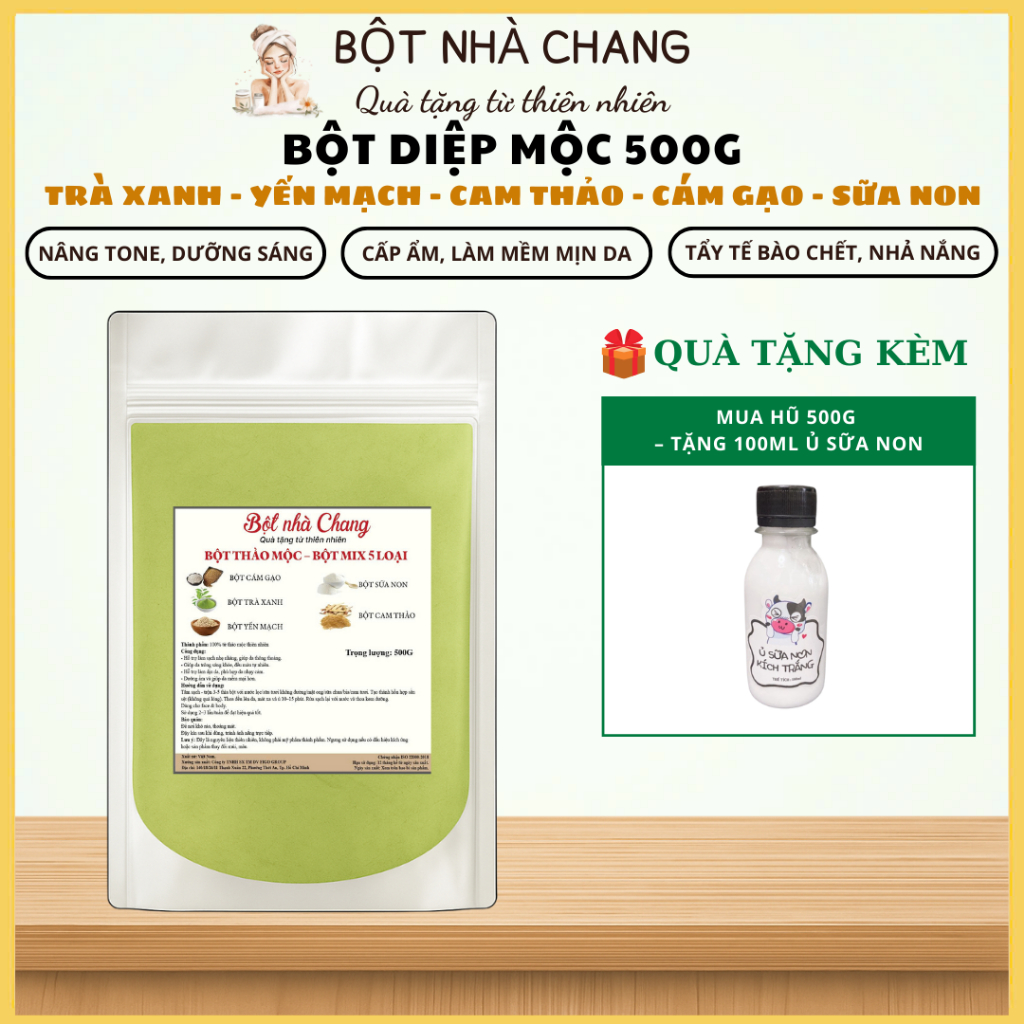 Bột Diệp Mộc: trà xanh, yến mạch, cam thảo, cám gạo, sữa non + Tặng 10g niacinamide - BỘT Ủ TRẮNG DA HANDMADE