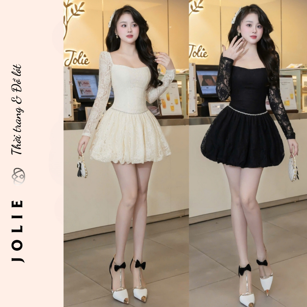 Váy JOLIE Thiết Kế Tiểu Thư - Đầm Xòe Công Chúa Cổ Vuông Tay Dài Sang Trọng Đi Tiệc, Hẹn Hò, Chụp Ảnh