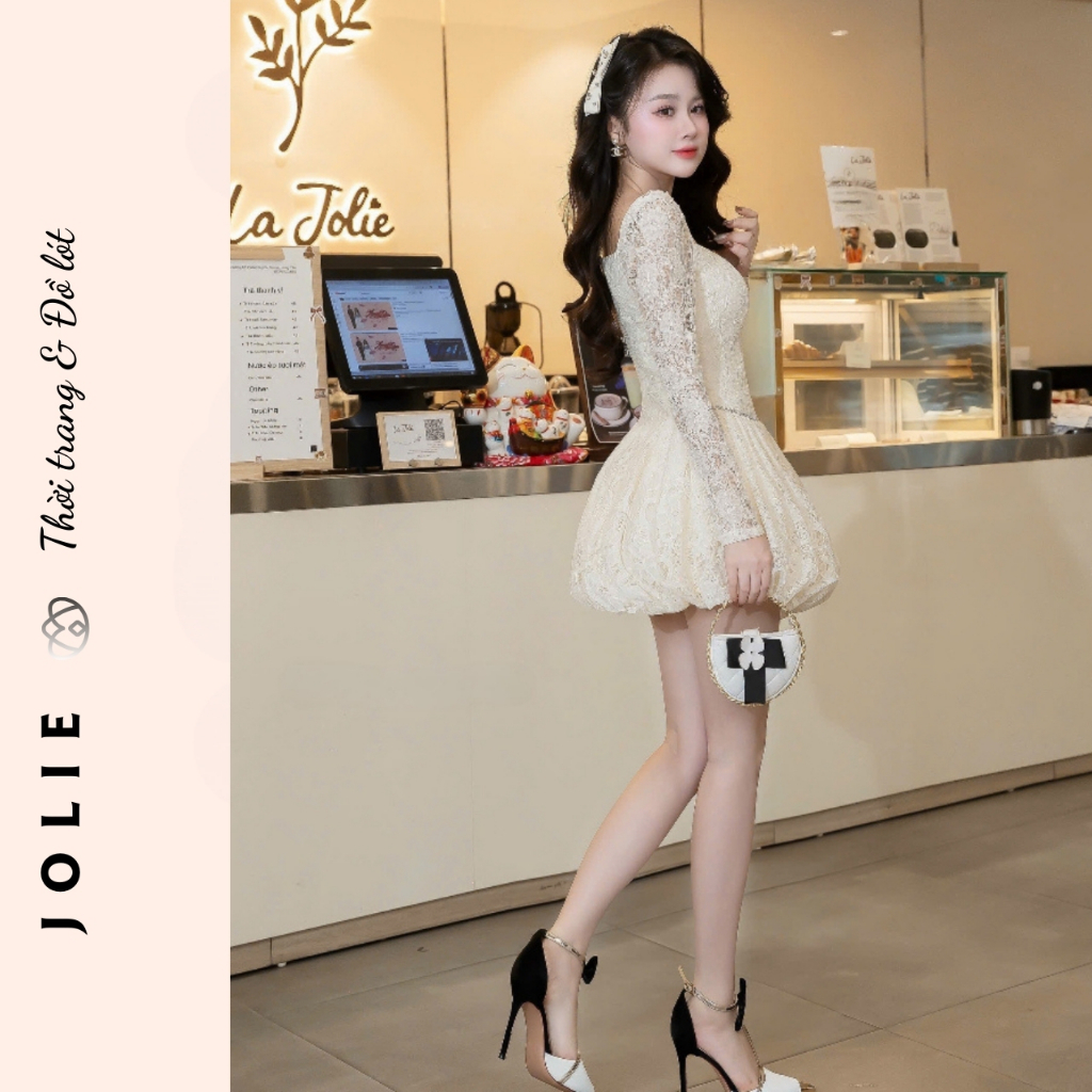 Váy JOLIE Thiết Kế Tiểu Thư - Đầm Xòe Công Chúa Cổ Vuông Tay Dài Sang Trọng Đi Tiệc, Hẹn Hò, Chụp Ảnh