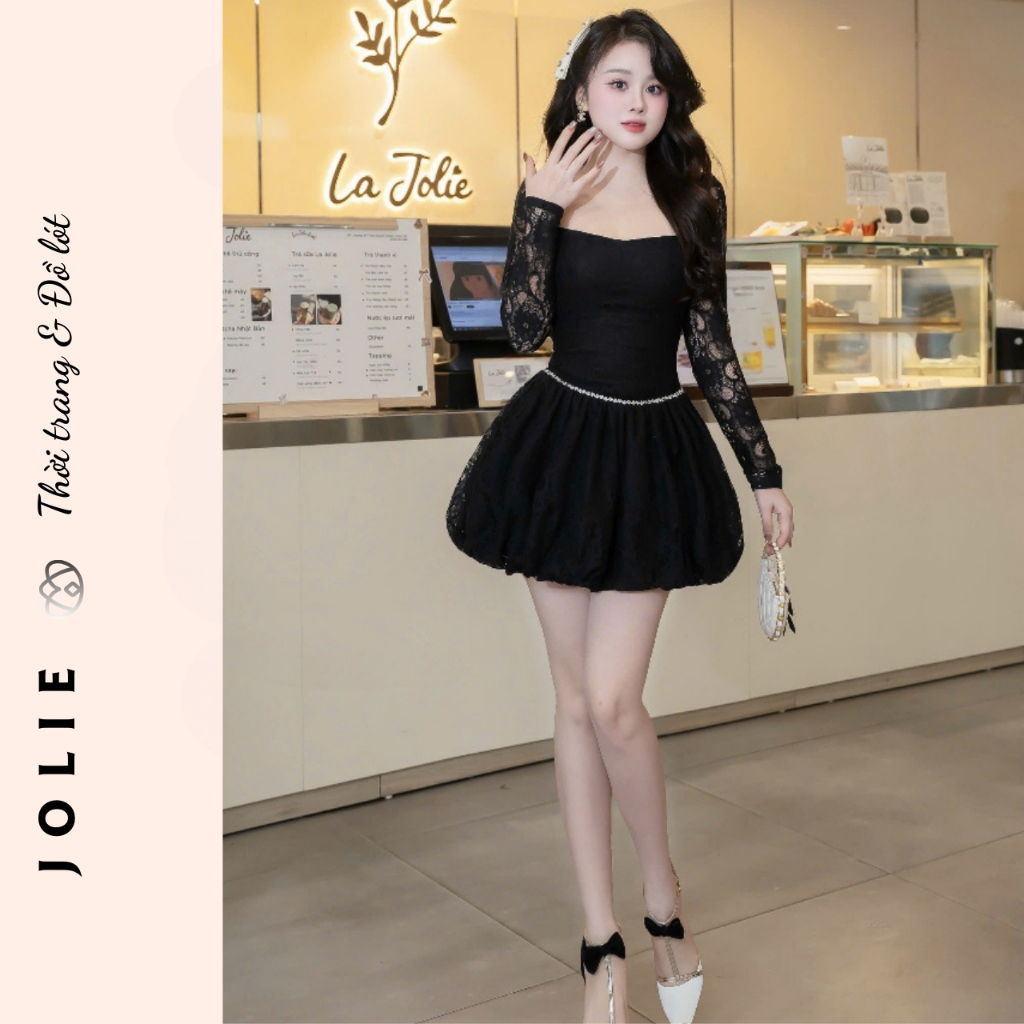 Váy JOLIE Thiết Kế Tiểu Thư - Đầm Xòe Công Chúa Cổ Vuông Tay Dài Sang Trọng Đi Tiệc, Hẹn Hò, Chụp Ảnh