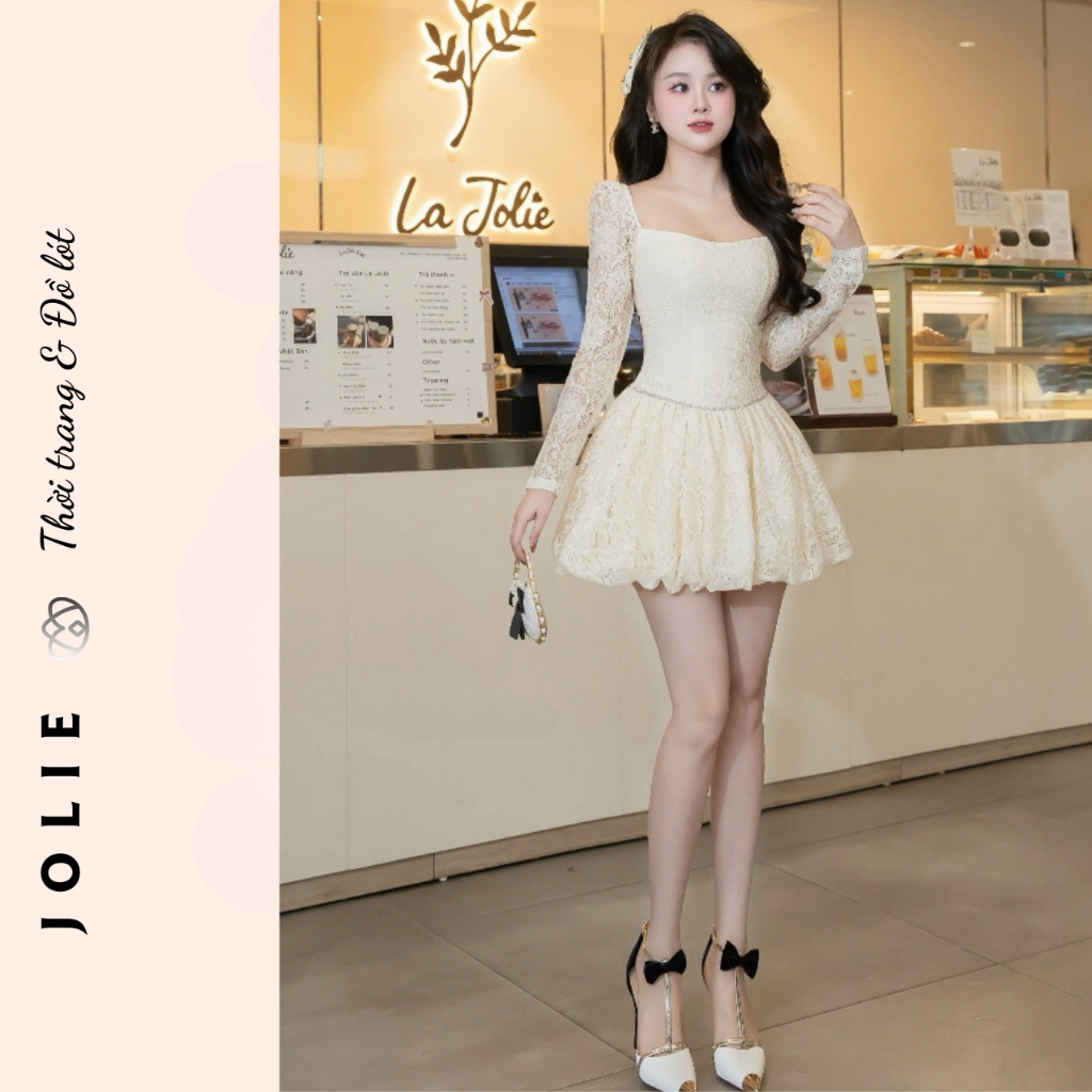 Váy JOLIE Thiết Kế Tiểu Thư - Đầm Xòe Công Chúa Cổ Vuông Tay Dài Sang Trọng Đi Tiệc, Hẹn Hò, Chụp Ảnh