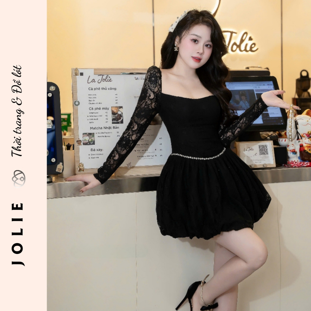 Váy JOLIE Thiết Kế Tiểu Thư - Đầm Xòe Công Chúa Cổ Vuông Tay Dài Sang Trọng Đi Tiệc, Hẹn Hò, Chụp Ảnh