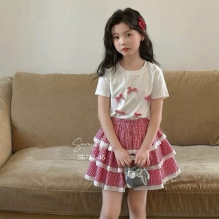 Set Áo Thun Trắng Đính Nơ + Chân Váy Caro Bé Gái S6722 | Set Áo Váy Bé Gái Hàn Quốc