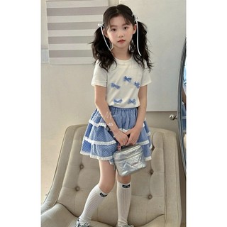 Set Áo Thun Trắng Đính Nơ + Chân Váy Caro Bé Gái S6722 | Set Áo Váy Bé Gái Hàn Quốc