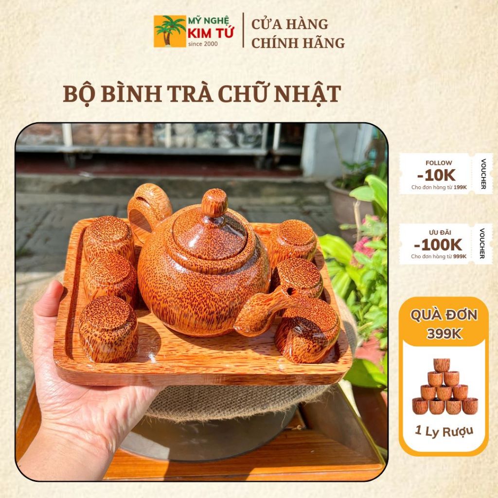 Bộ Khay Trà Gỗ Dừa Mẫu Chữ Nhật Phù Hợp Trà Đạo, Trang Trí Bàn Trà, Thiết Kế Sang Trọng, Dùng Biếu Tặng Thầy Cô - KIM TỨ