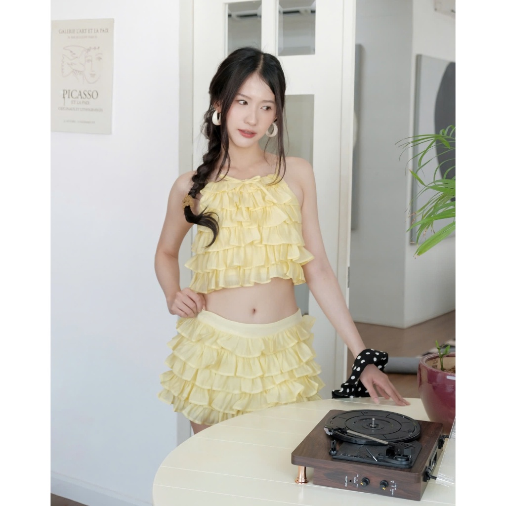 (Bán Lẻ ) Set Bộ Nữ NEMOY Áo Cổ Yếm Xếp Tầng Phối Chân Váy Ngắn Dễ Thương SECODEE
