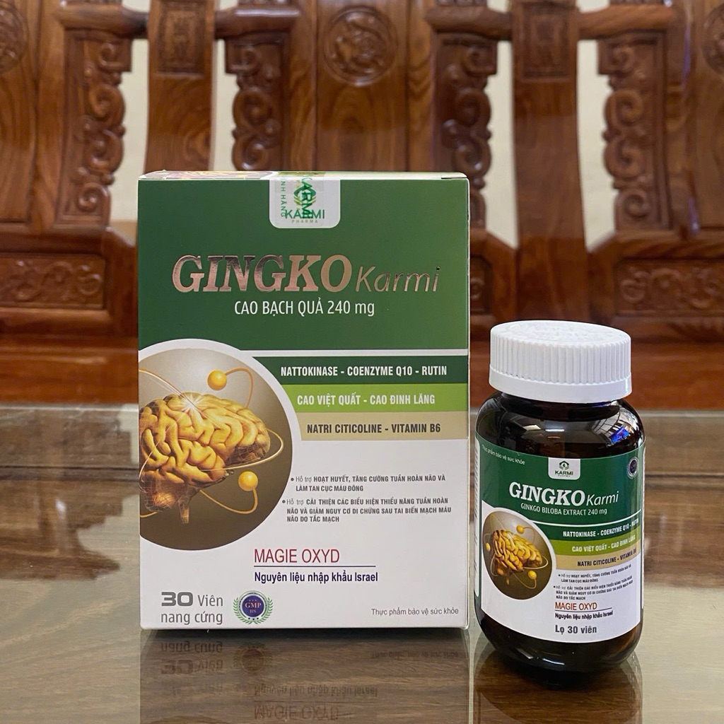 Viên uống Ginkgo Karmi 240mg – Hoạt Huyết Dưỡng Não, Tăng Tuần Hoàn Não, Giảm Đau Đầu Chóng Mặt -[ Hộp 30 Viên ]