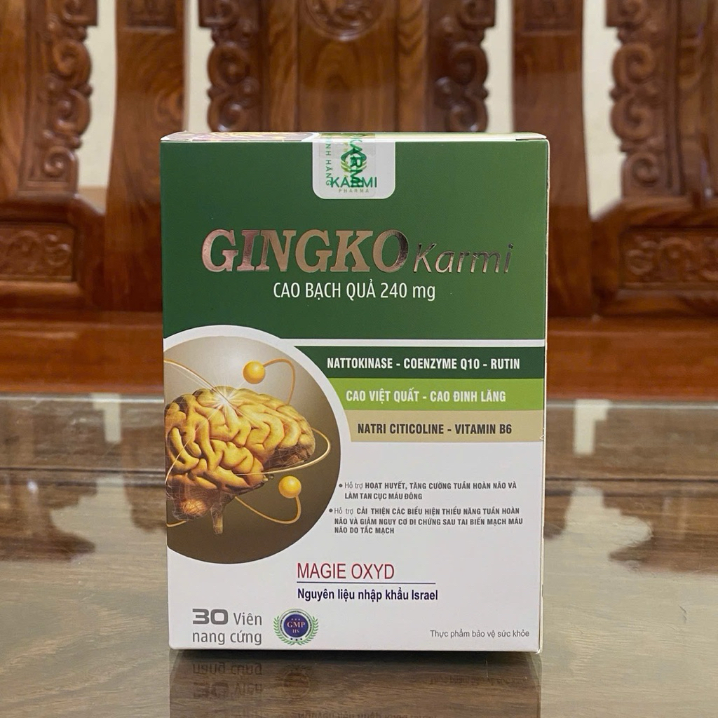 Viên uống Ginkgo Karmi 240mg – Hoạt Huyết Dưỡng Não, Tăng Tuần Hoàn Não, Giảm Đau Đầu Chóng Mặt -[ Hộp 30 Viên ]