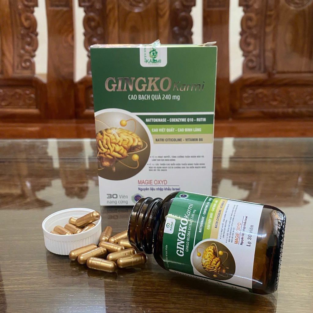 Viên uống Ginkgo Karmi 240mg – Hoạt Huyết Dưỡng Não, Tăng Tuần Hoàn Não, Giảm Đau Đầu Chóng Mặt -[ Hộp 30 Viên ]
