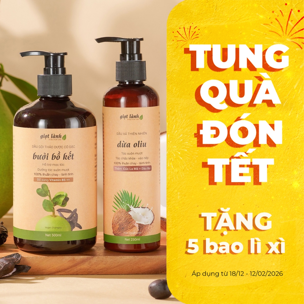 Cặp dầu xả, dầu gội bồ kết bưởi - Dầu xả thiên nhiên dừa oliu thuần chay hỗ trợ kích mọc Giọt Lành