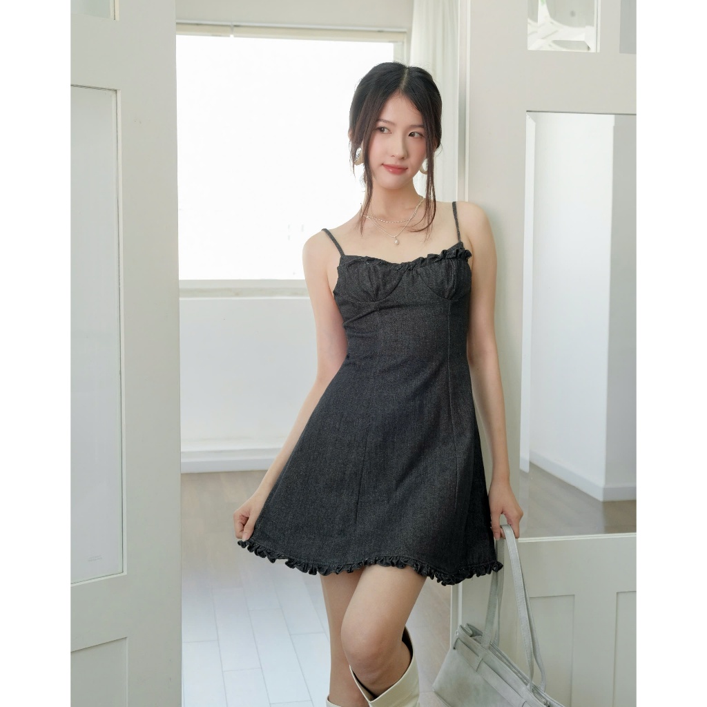 Đầm Nữ PARDO Hai Dây Denim Form A Phối Bèo Dễ Thương SECODEE
