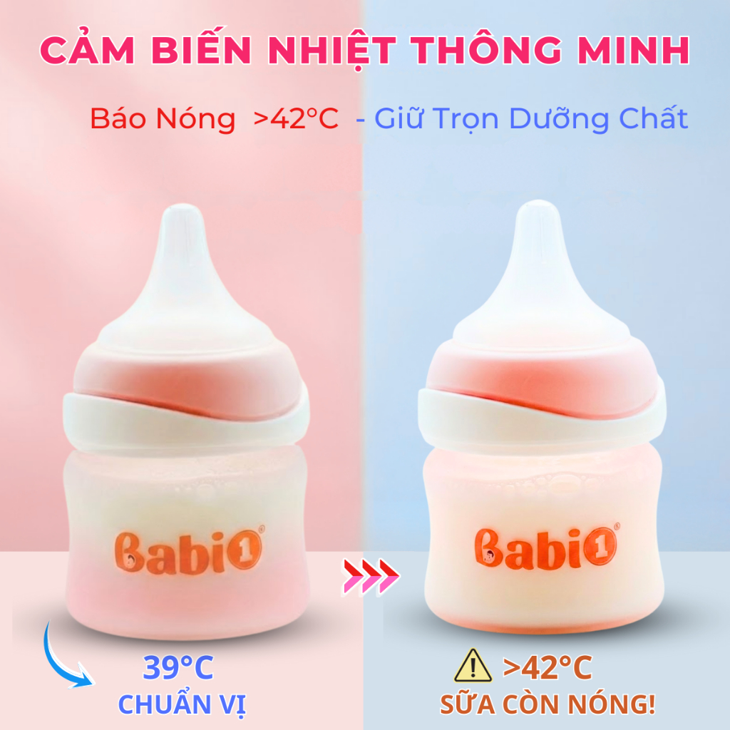 Bình Sữa Sơ Sinh Babi1 60ml Cảm Biến Nhiệt - Thuỷ Tinh Bọc Silicon Chống Vỡ, Núm Ty Mềm Chống Sặc