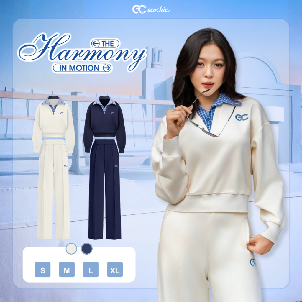 Set Bộ ECOCHIC Áo Polo Cổ V Phối Caro Quần Suông Dài Basic Cao Cấp Mềm Mịn Chính Hãng HNH B202