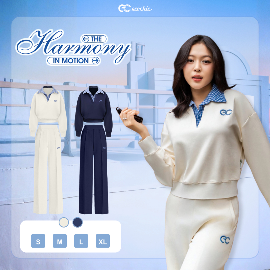 Set Bộ ECOCHIC Áo Polo Cổ V Phối Caro Quần Suông Dài Basic Cao Cấp Mềm Mịn Chính Hãng HNH B202