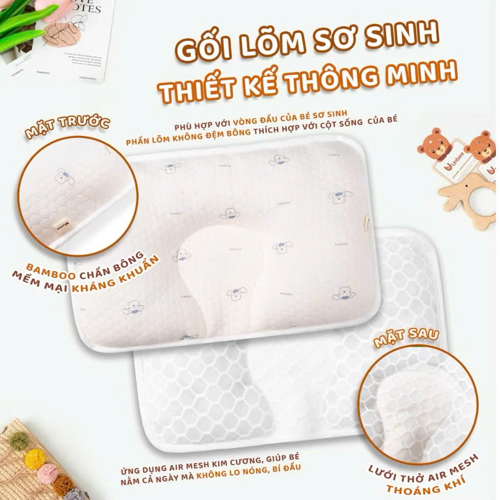 Gối Lõm Mặt Lụa Unbee Cao Cấp, Gối Chần Bông Mềm Mại Kết Hợp Lưới Thở Air MeshCho Bé Sơ Sinh