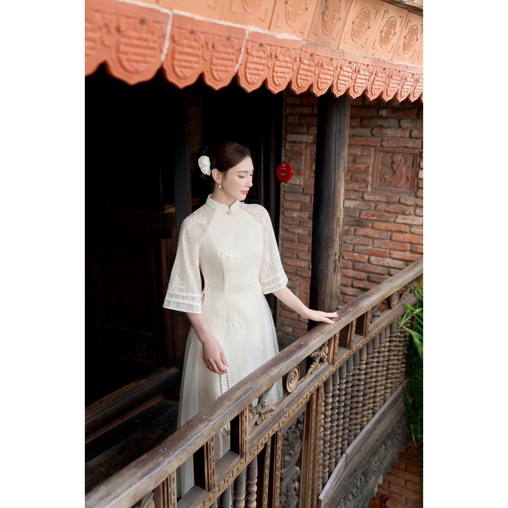 LASY Thời Trang Nữ| Sét Áo Dài Ren Tơ Thêu Hoa Tay Lửng Phối Chân Váy Lưới Xoè - AD1566 (Hoả tốc ib shop)
