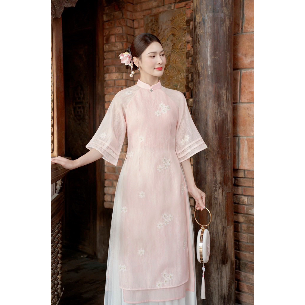 LASY Thời Trang Nữ| Sét Áo Dài Ren Tơ Thêu Hoa Tay Lửng Phối Chân Váy Lưới Xoè - AD1566 (Hoả tốc ib shop)