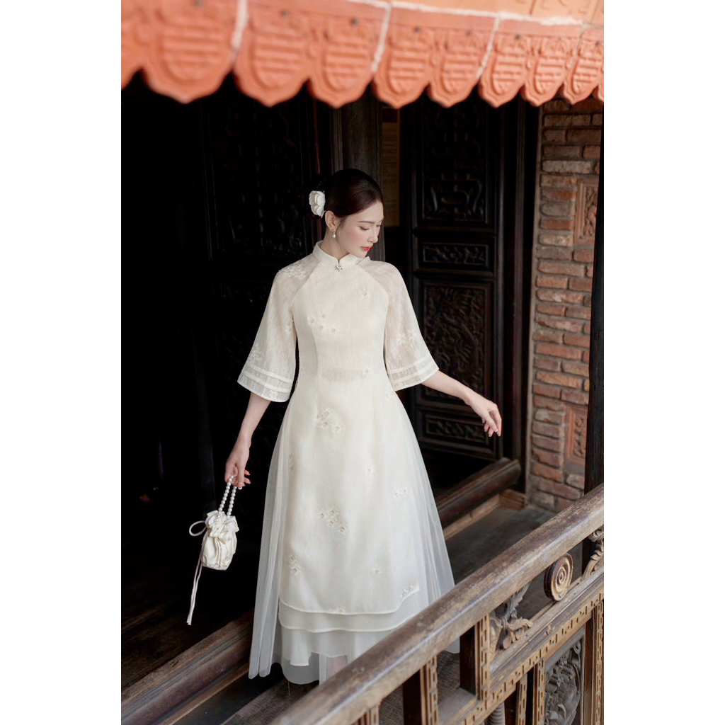 LASY Thời Trang Nữ| Sét Áo Dài Ren Tơ Thêu Hoa Tay Lửng Phối Chân Váy Lưới Xoè - AD1566 (Hoả tốc ib shop)