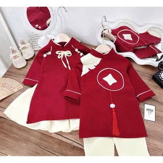 Áo dài tết đôi cho bé trai bé gái, áo dài bé gái chân váy  áo dài bé trai quần chất lụa mềm 10-30kg