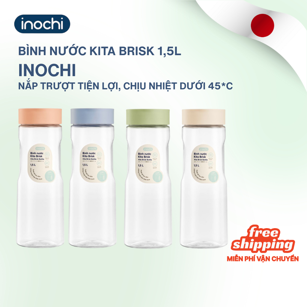 Bình KITA BRISK 1,5L nắp trượt Inochi, tiện dụng, chống rò rỉ, màu sắc pastel siêu xinh