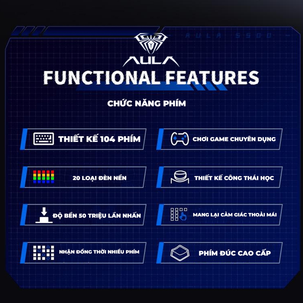 Bàn phìm cơ gaming AULA S500 có dây, 20 hiệu ứng LED ánh sáng, blue switch gõ tiếng Clicky kêu to thích hợp chơi game | BigBuy360 - bigbuy360.vn