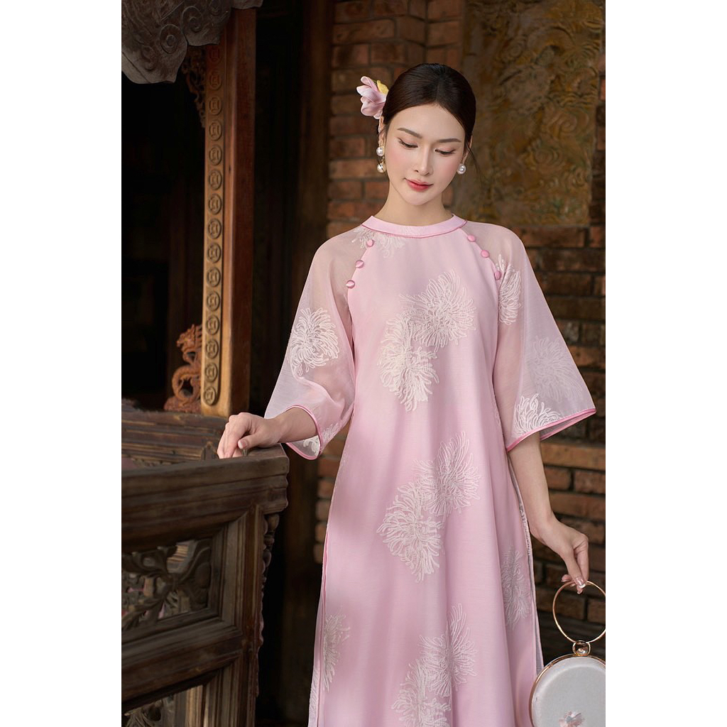 LASY Thời Trang Nữ| Áo Dài Cách Tân Cổ Tròn Tay Lỡ Thêu Hoa + Quần - AD1552
