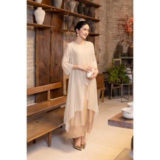 SWANLAKE | Váy Đầm Maxi Suông Nữ Xẻ Tà Tay Lỡ Cổ Tròn Vải Tơ Dập Ly Cao Cấp Đi Tiệc Công Sở D13235